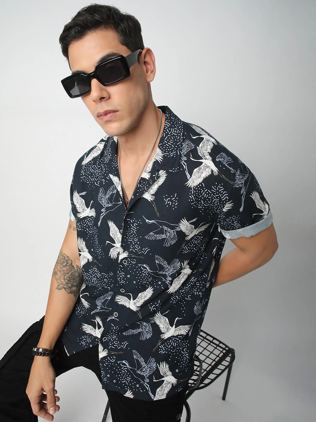 Navy Crane Printed Notch Collar Oversized Shirt