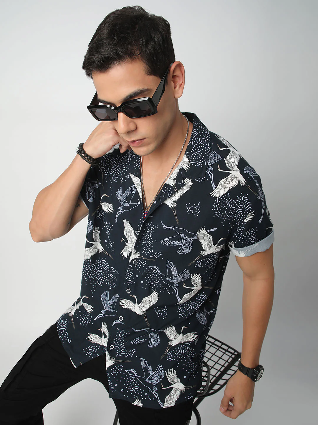 Navy Crane Printed Notch Collar Oversized Shirt - Image 2