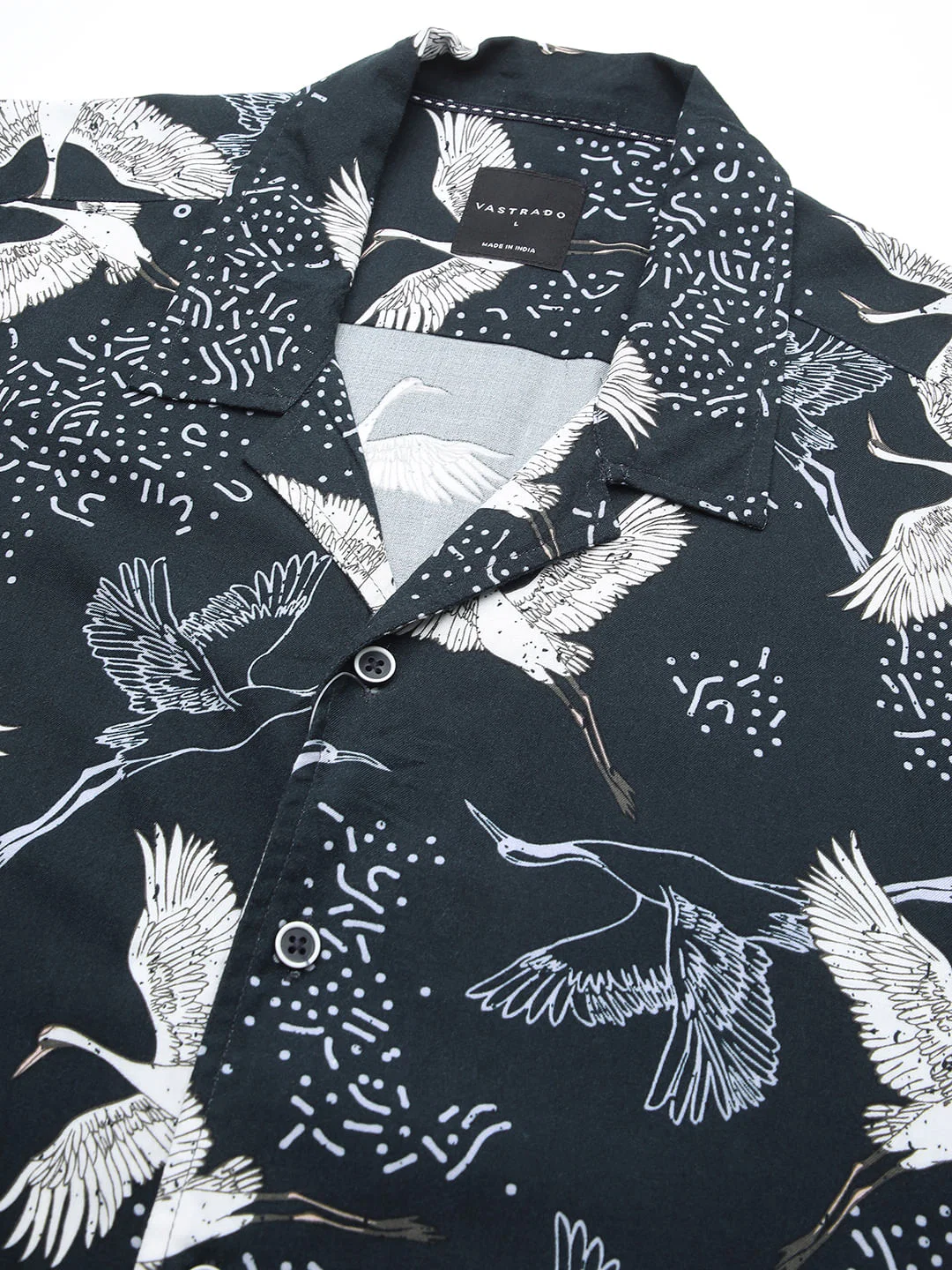 Navy Crane Printed Notch Collar Oversized Shirt - Image 3