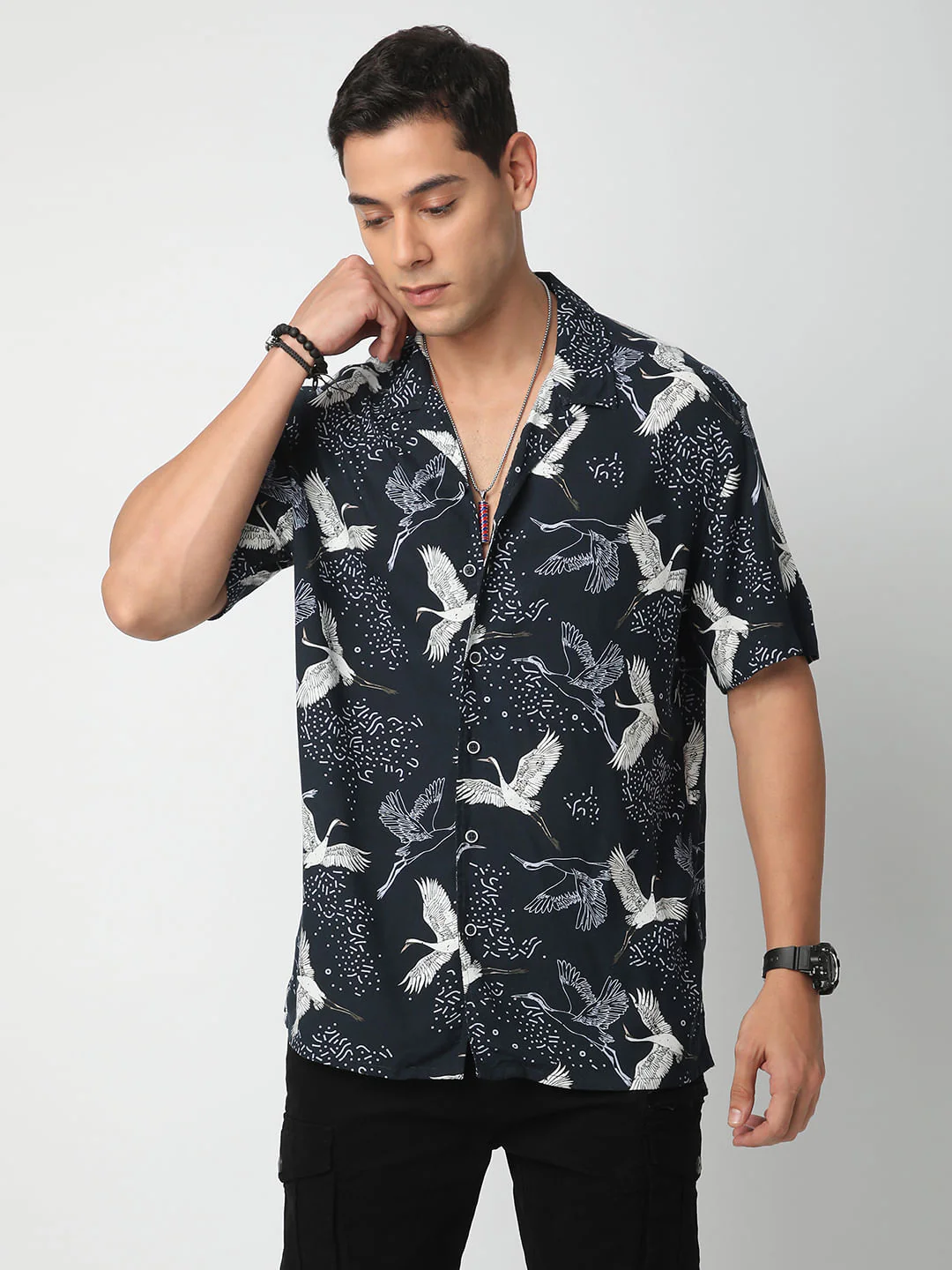 Navy Crane Printed Notch Collar Oversized Shirt - Image 4