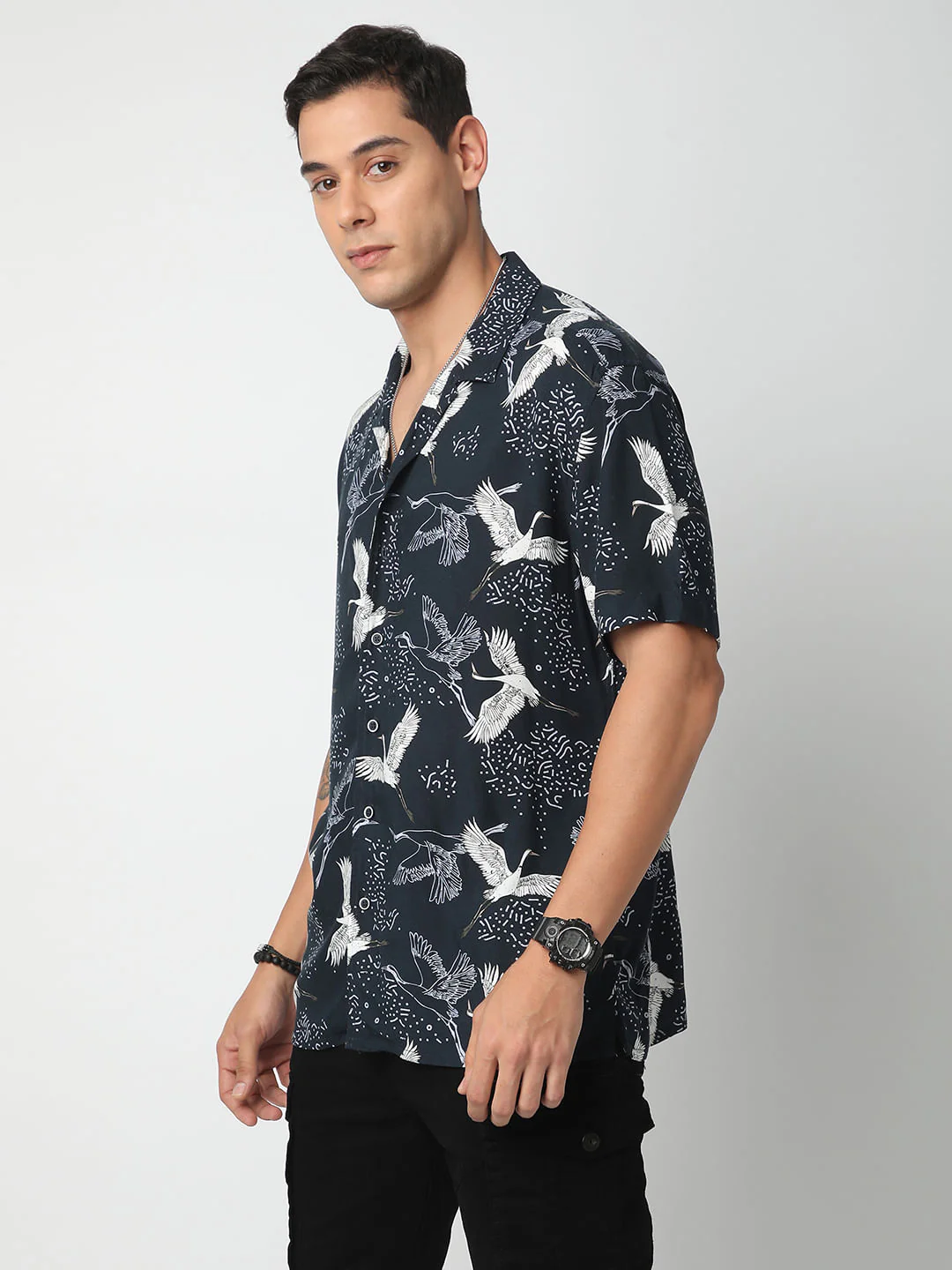 Navy Crane Printed Notch Collar Oversized Shirt - Image 5