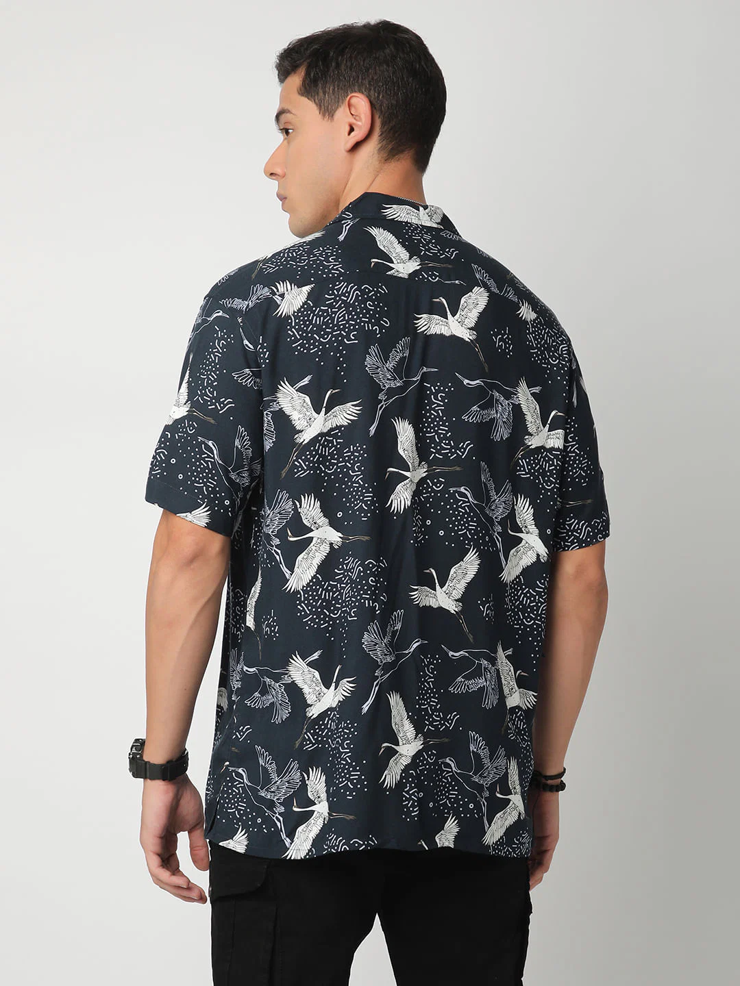 Navy Crane Printed Notch Collar Oversized Shirt - Image 6