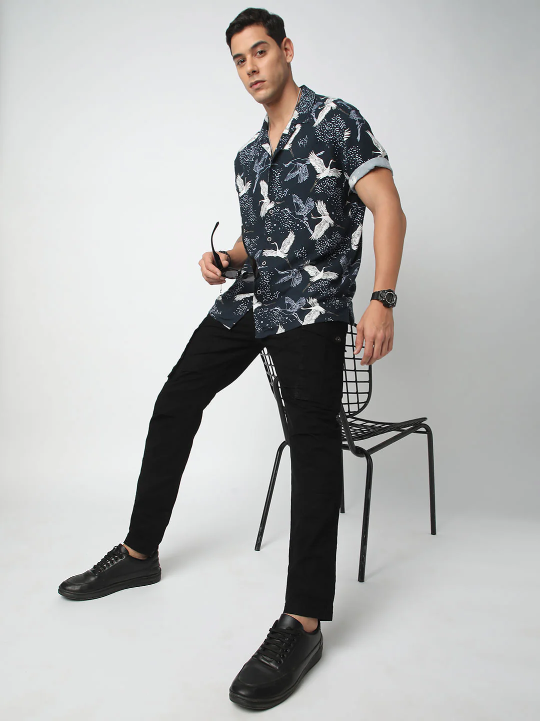 Navy Crane Printed Notch Collar Oversized Shirt - Image 7