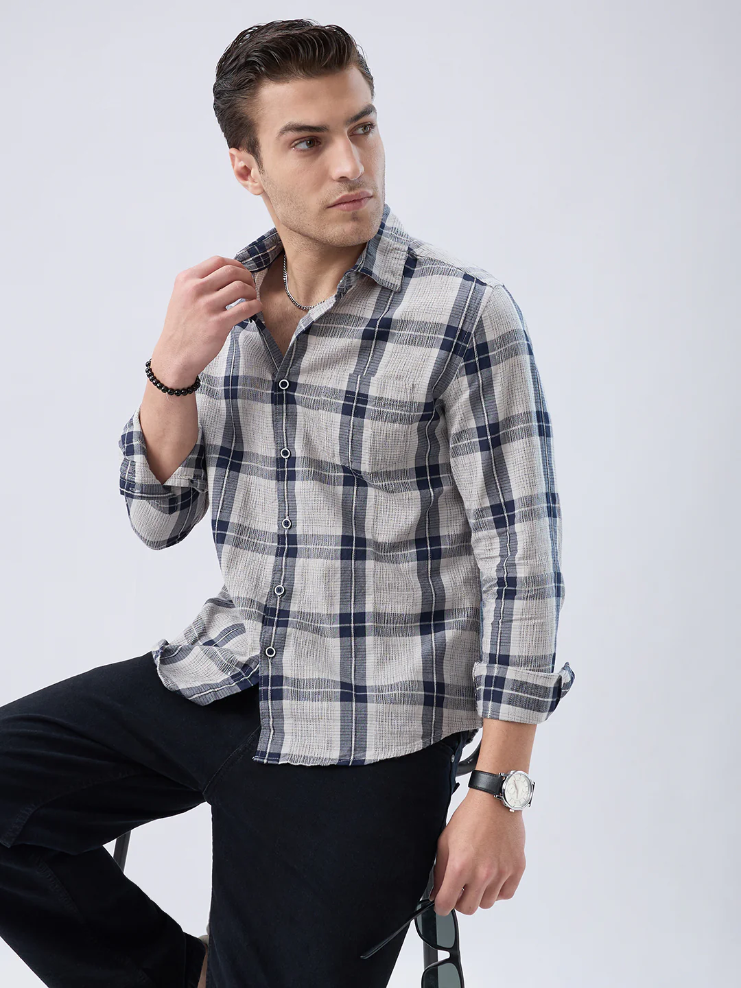 Navy Echo Box Jacquard Checked Shirt - Image 2