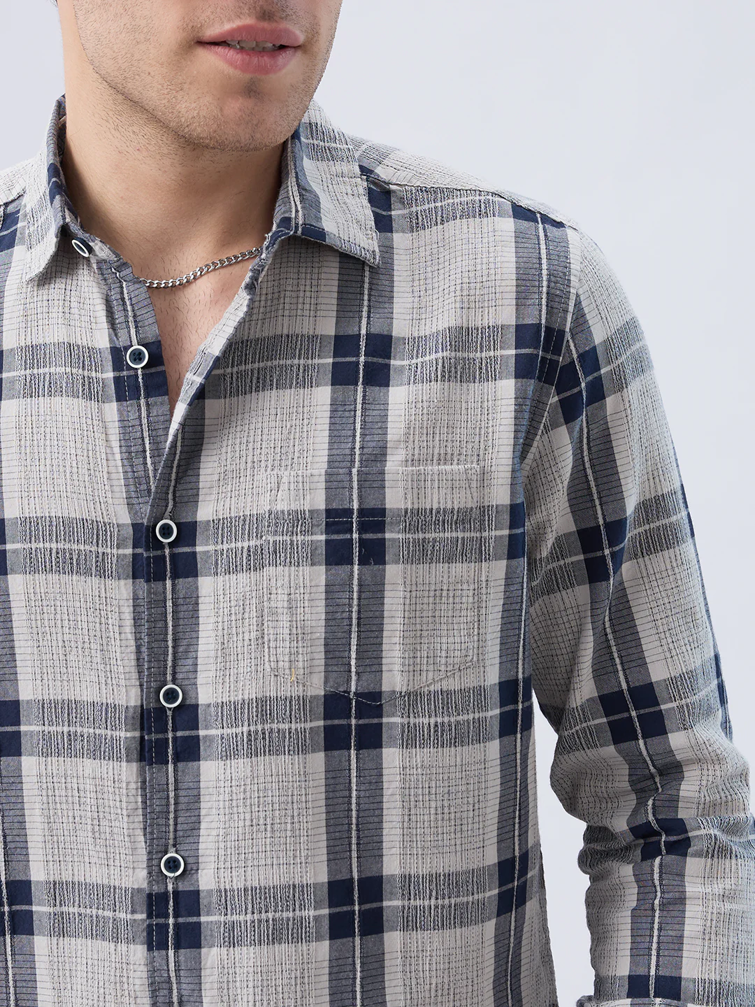 Navy Echo Box Jacquard Checked Shirt - Image 3