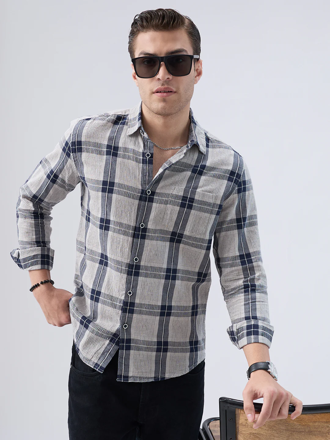 Navy Echo Box Jacquard Checked Shirt - Image 4