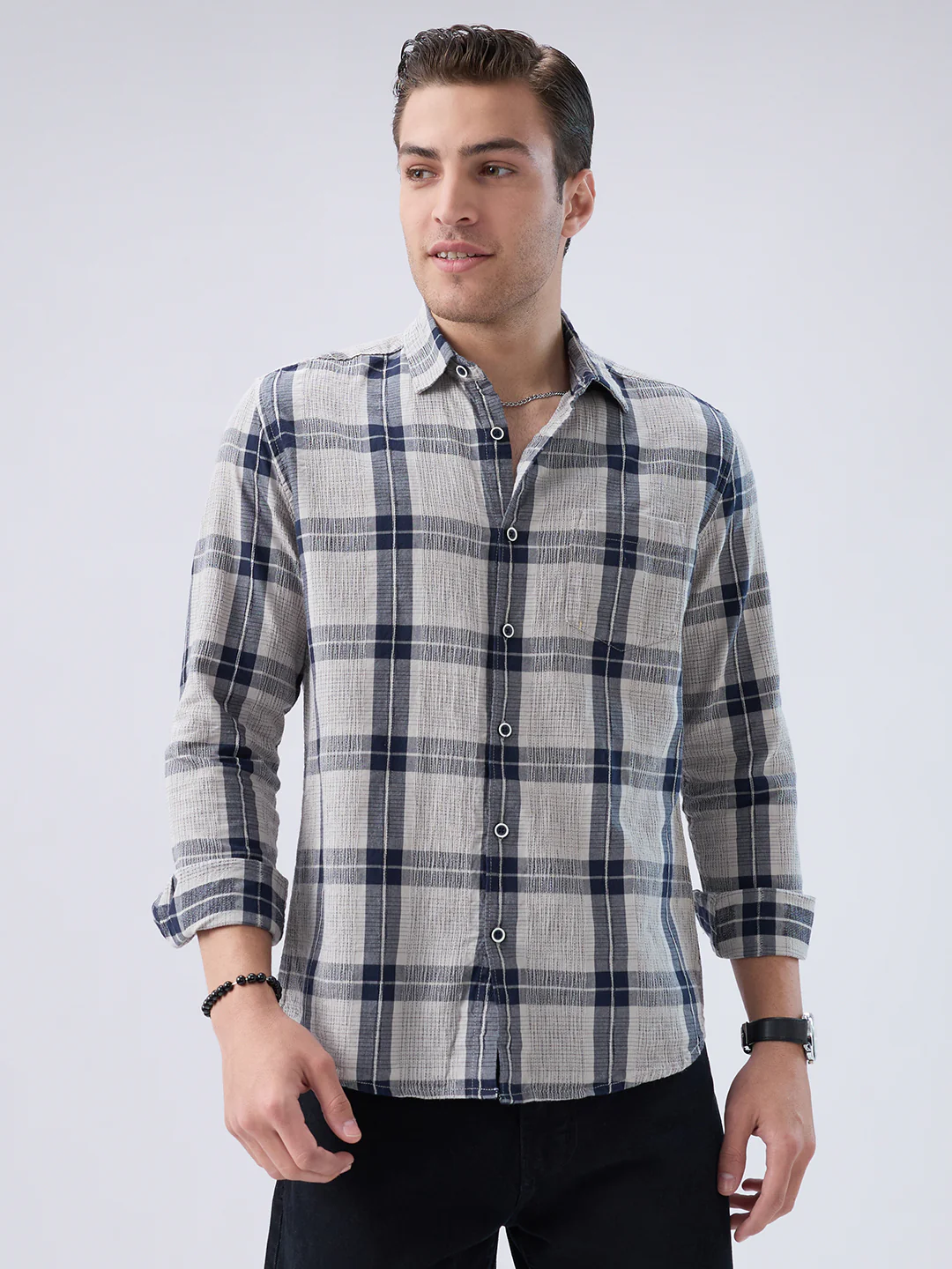 Navy Echo Box Jacquard Checked Shirt - Image 5