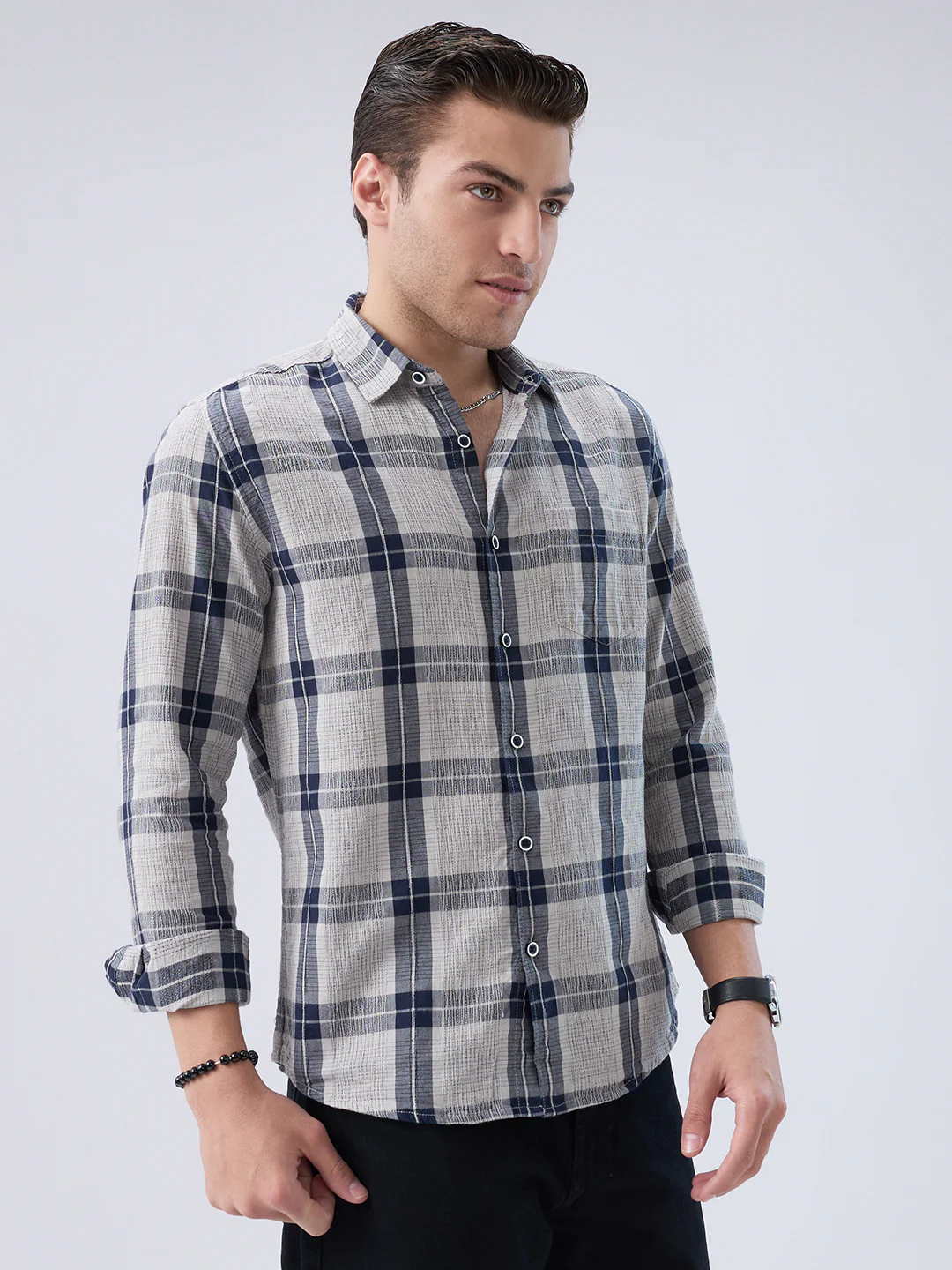 Navy Echo Box Jacquard Checked Shirt - Image 6