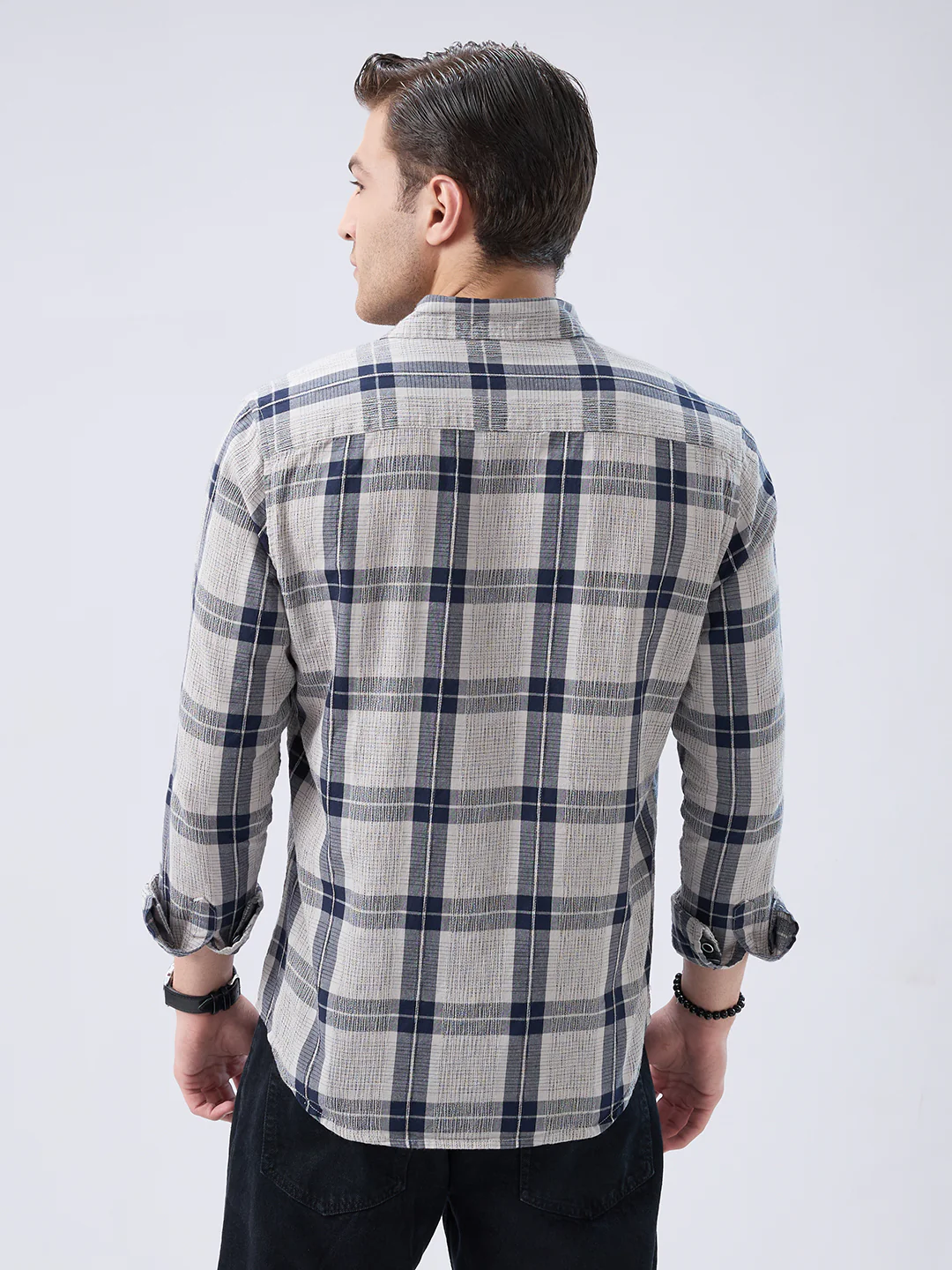 Navy Echo Box Jacquard Checked Shirt - Image 7