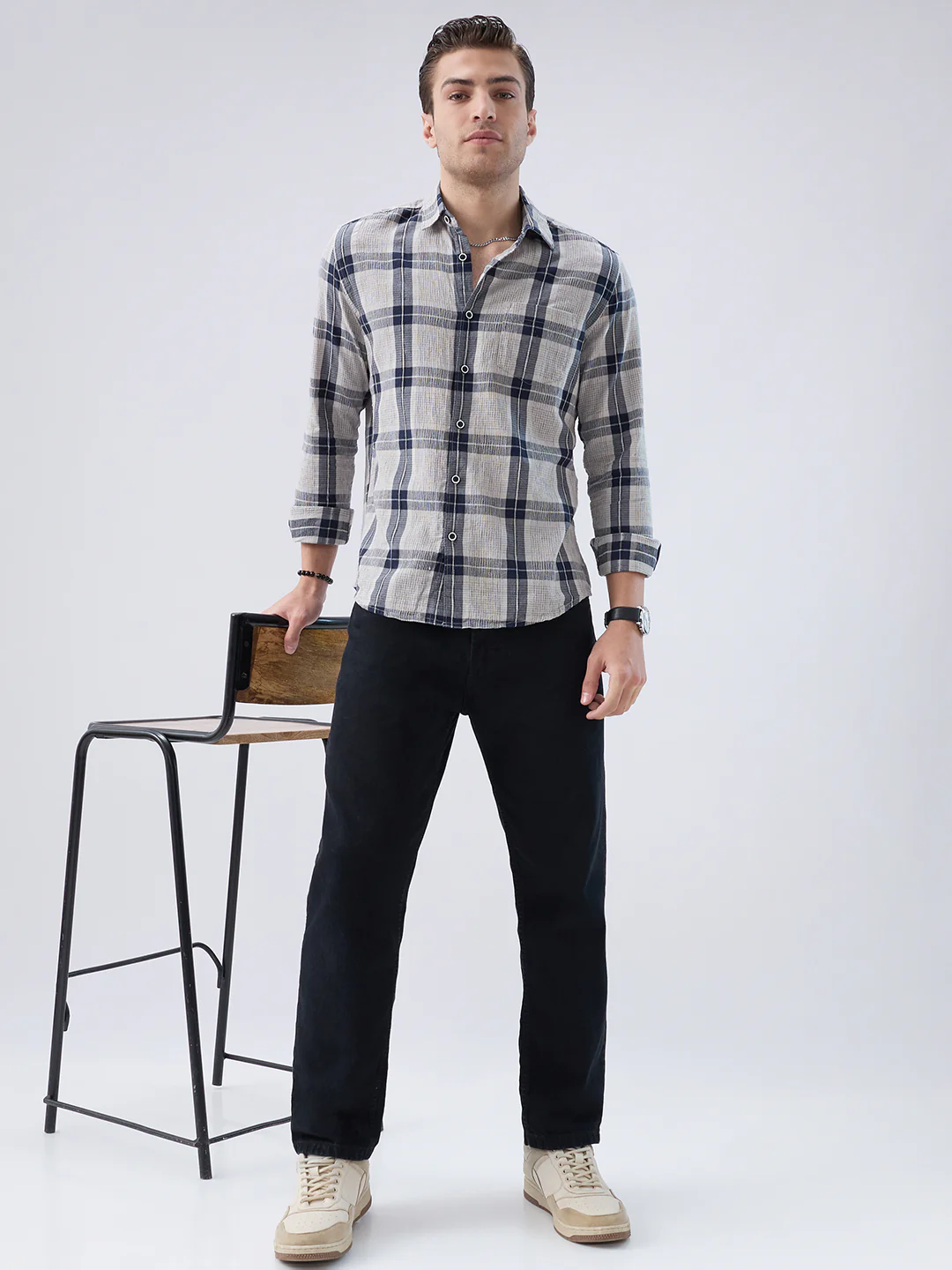 Navy Echo Box Jacquard Checked Shirt - Image 8