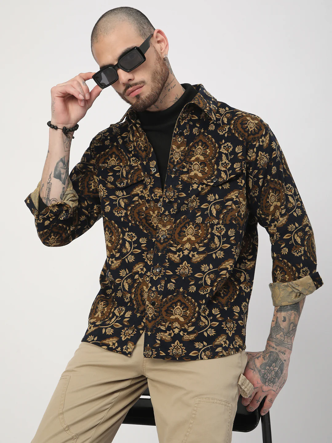 Navy Floral Paisley Printed Double Pocket Corduroy Shirt - Image 2