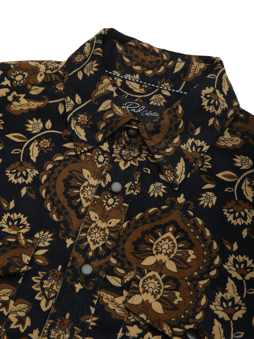 Navy Floral Paisley Printed Double Pocket Corduroy Shirt - Image 3