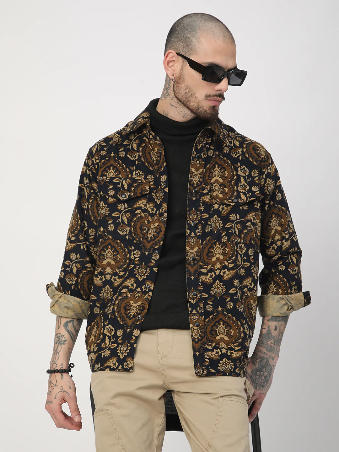 Navy Floral Paisley Printed Double Pocket Corduroy Shirt - Image 4