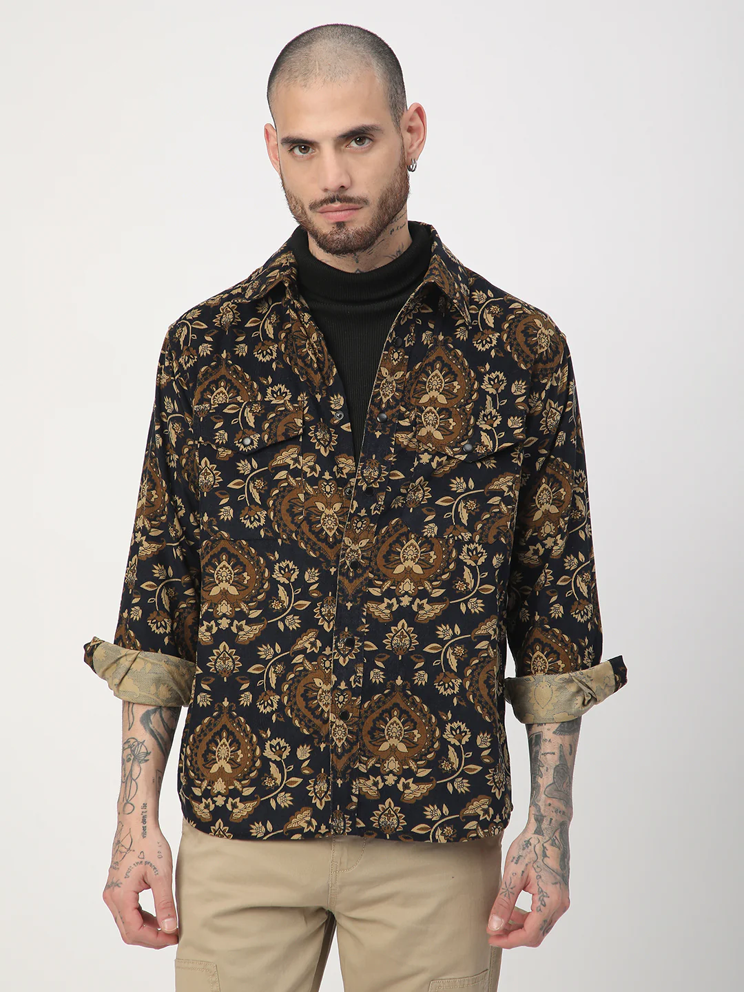 Navy Floral Paisley Printed Double Pocket Corduroy Shirt - Image 5