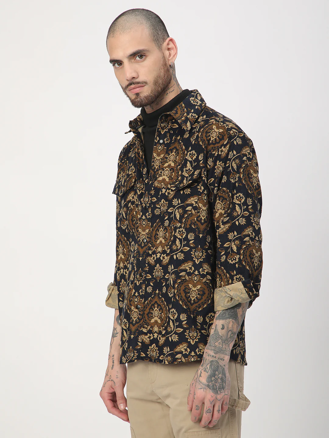 Navy Floral Paisley Printed Double Pocket Corduroy Shirt - Image 6