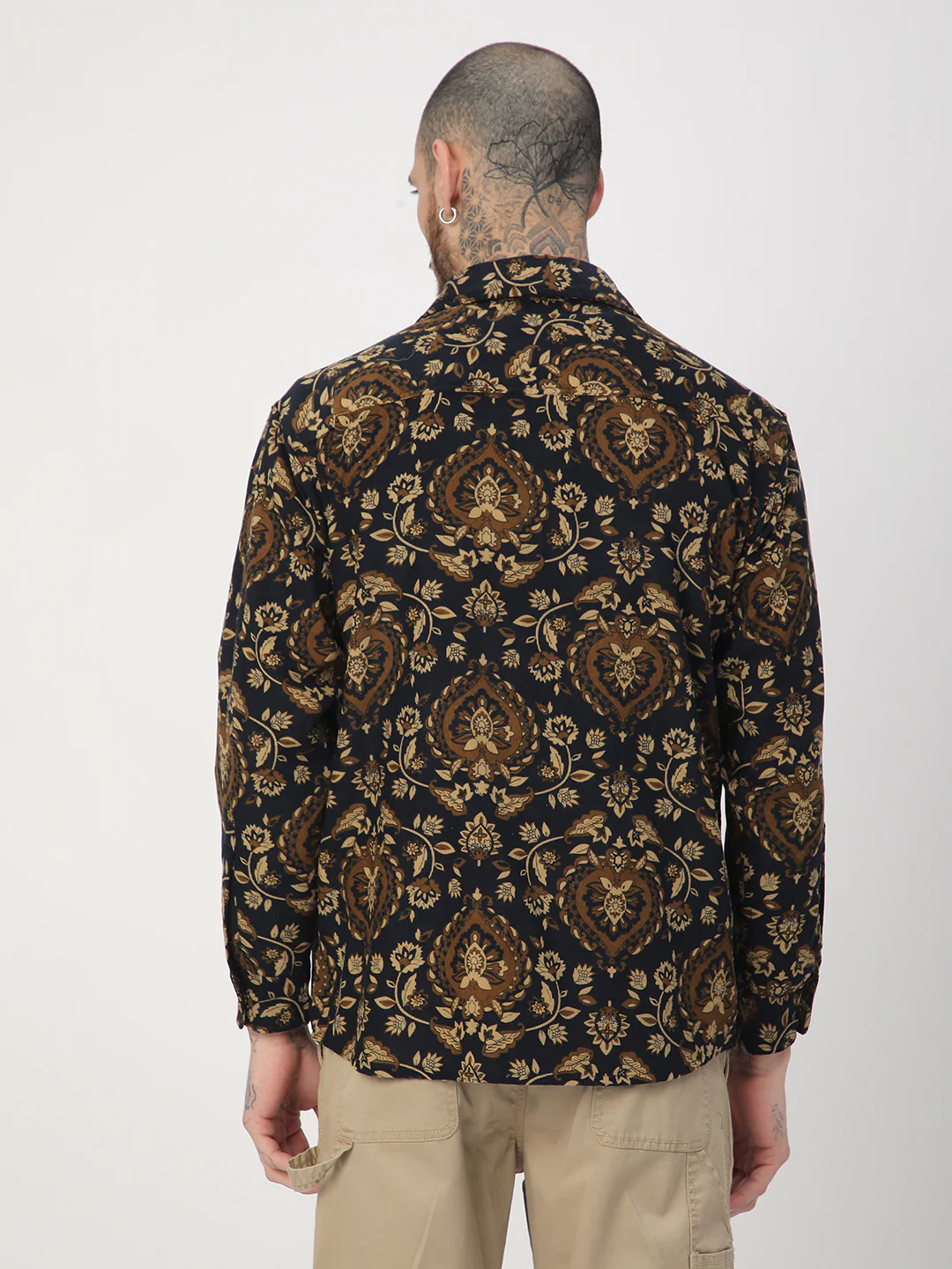 Navy Floral Paisley Printed Double Pocket Corduroy Shirt - Image 7