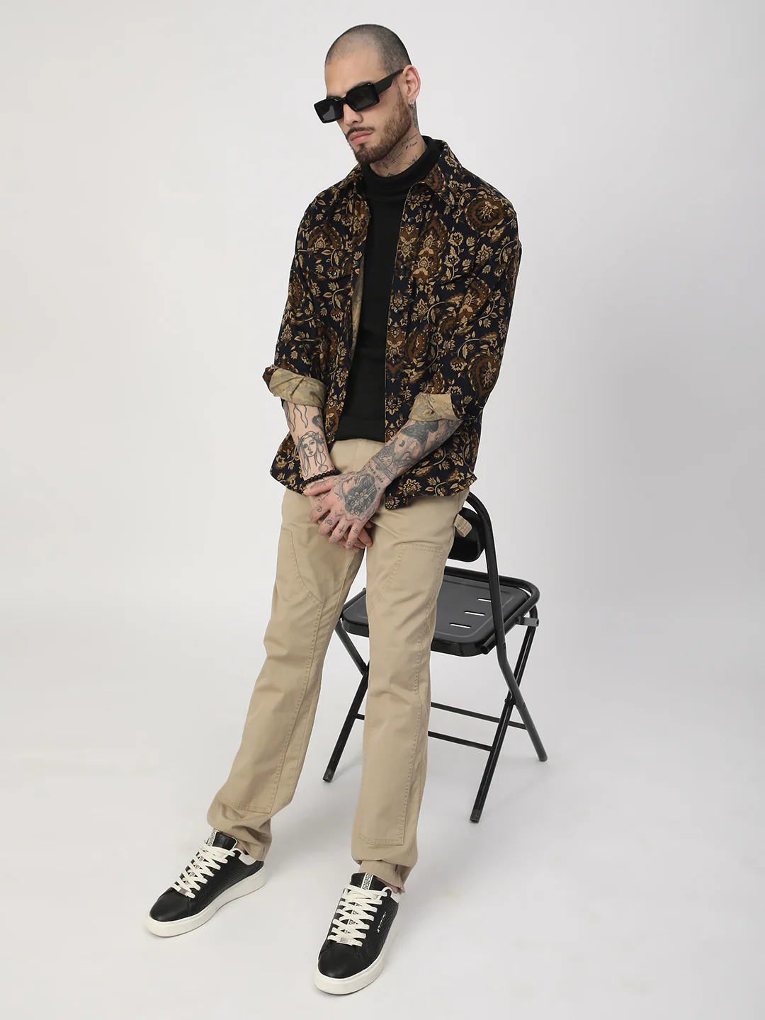 Navy Floral Paisley Printed Double Pocket Corduroy Shirt - Image 8