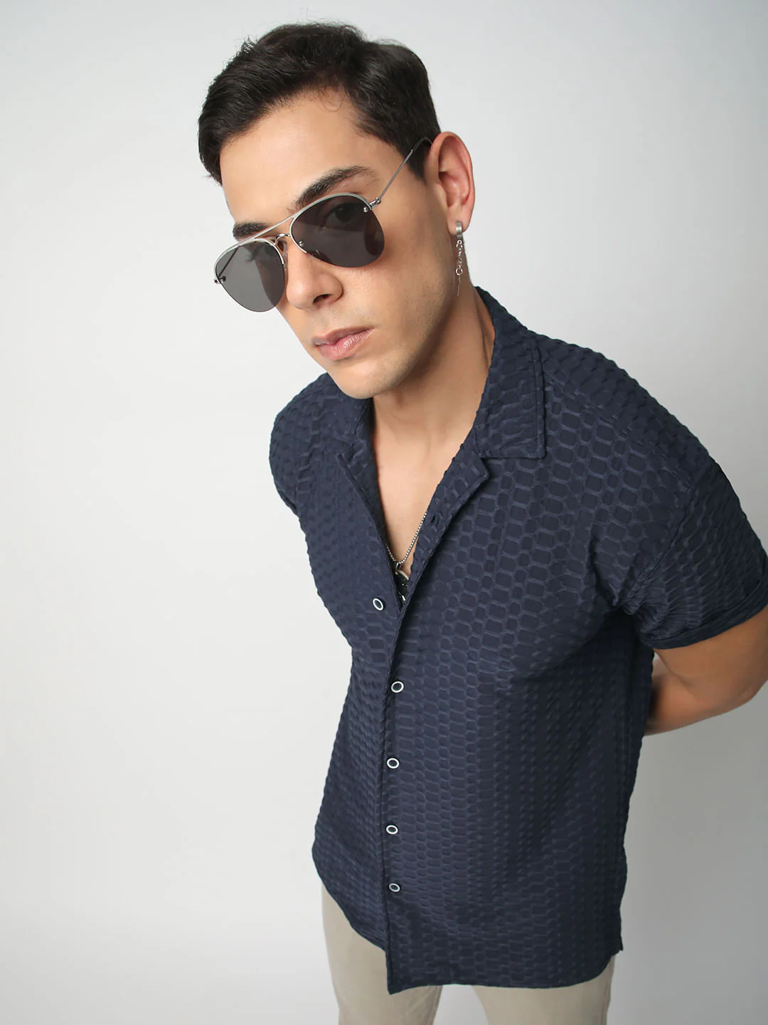 Navy Honeycomb Textured Knitted Shirt - Image 2