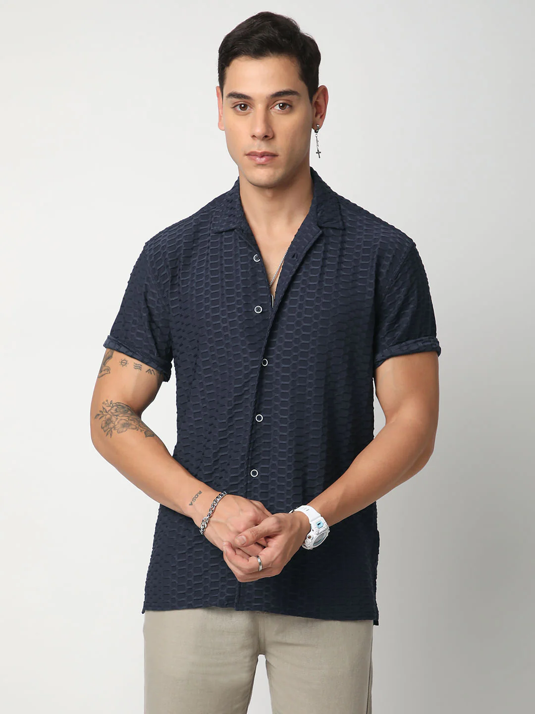 Navy Honeycomb Textured Knitted Shirt - Image 4