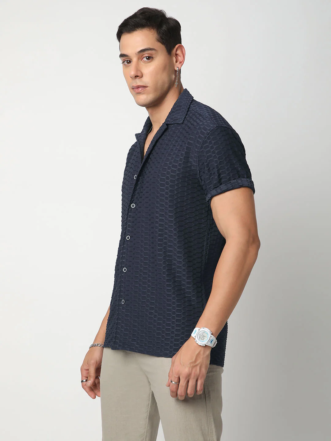 Navy Honeycomb Textured Knitted Shirt - Image 5
