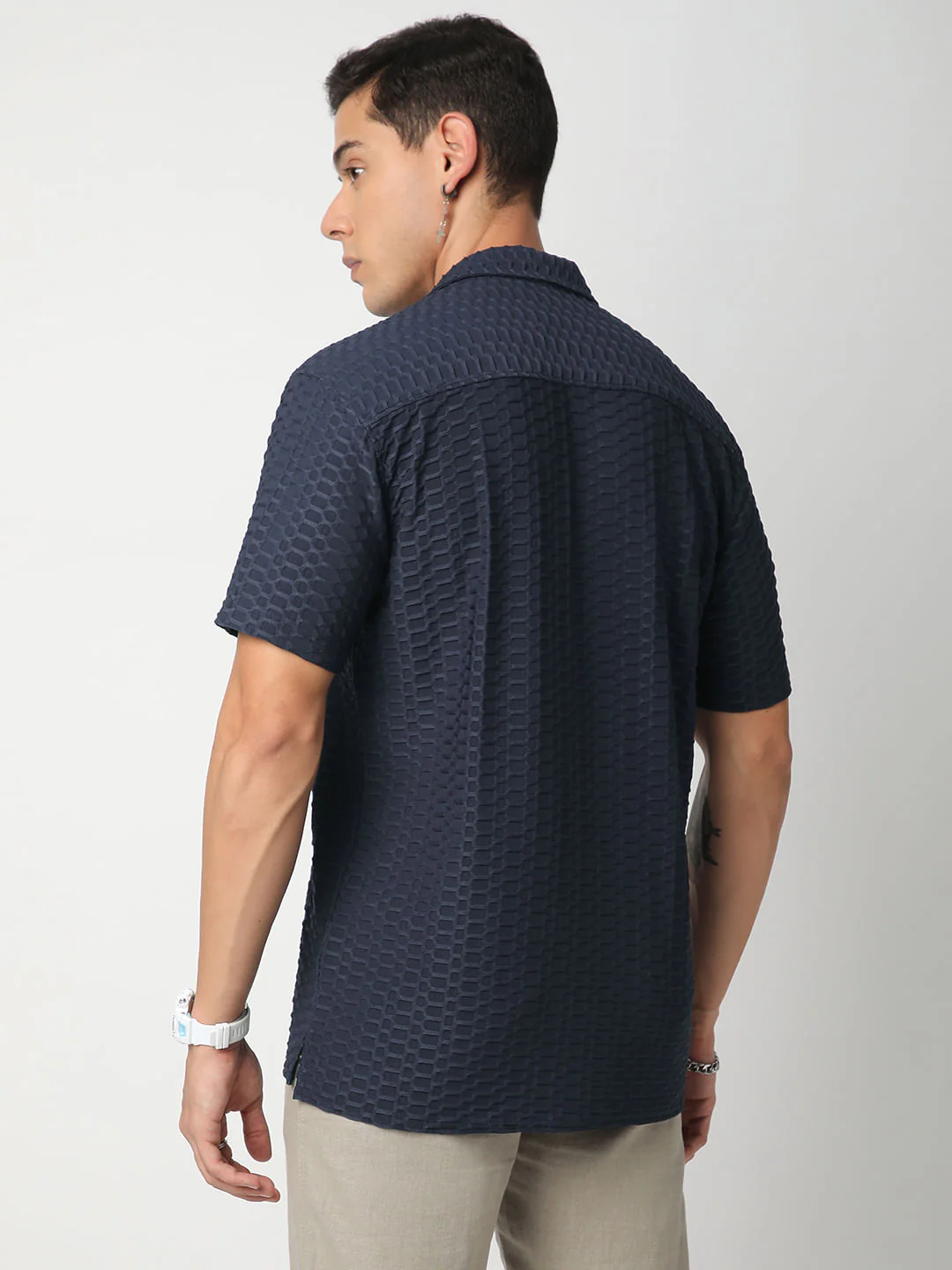 Navy Honeycomb Textured Knitted Shirt - Image 6