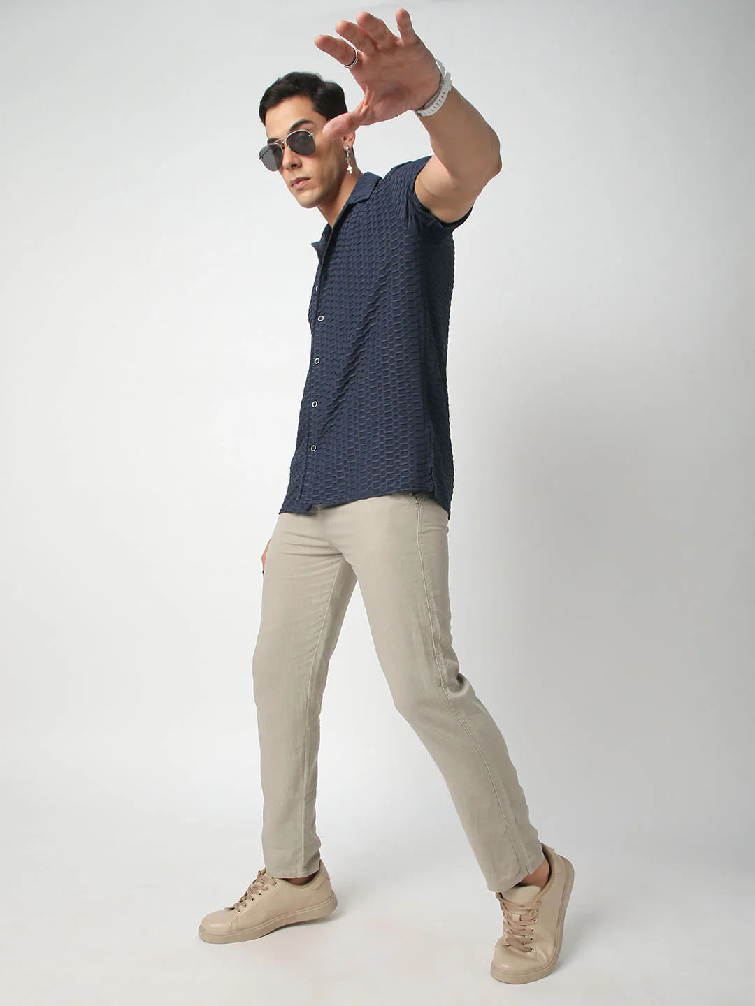 Navy Honeycomb Textured Knitted Shirt - Image 7