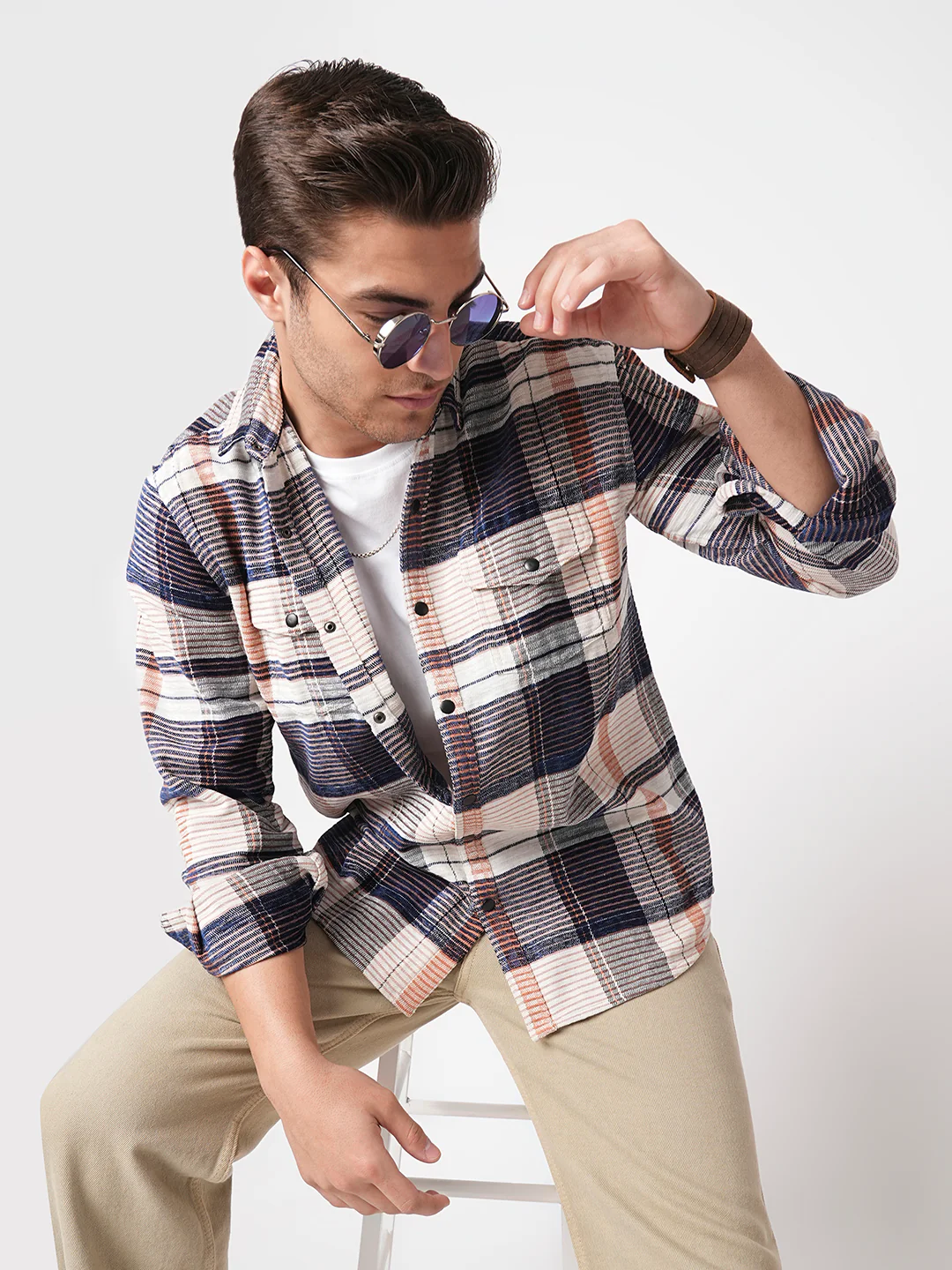 Navy Horizontal Stripes Double Flap Pocket Corduroy Shirt - Image 2