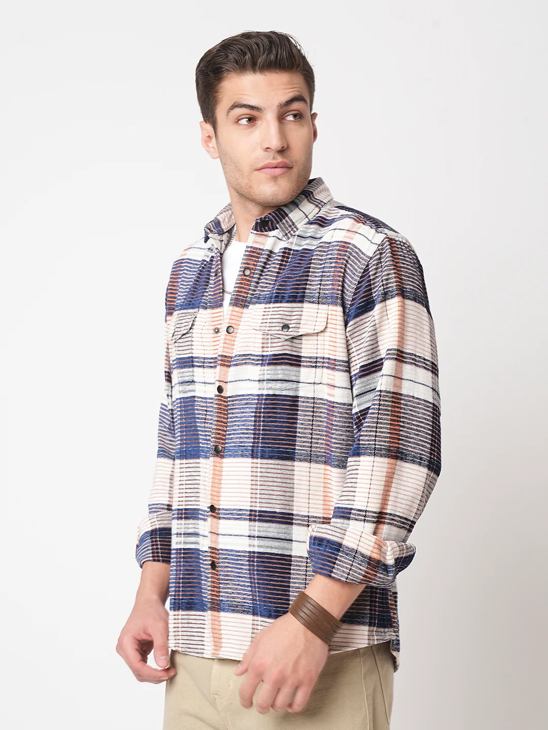 Navy Horizontal Stripes Double Flap Pocket Corduroy Shirt - Image 5