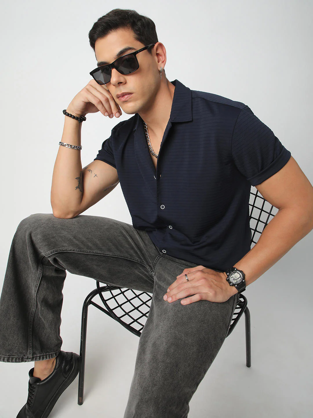 Navy Line Textured Knitted Shirt
