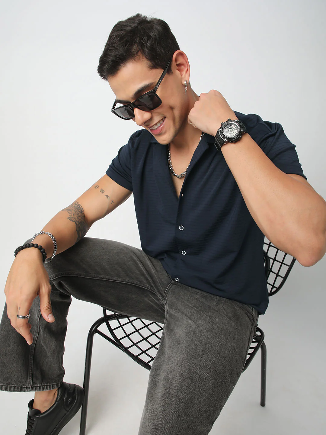 Navy Line Textured Knitted Shirt - Image 2