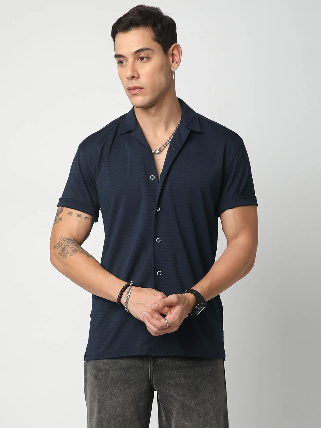 Navy Line Textured Knitted Shirt - Image 4