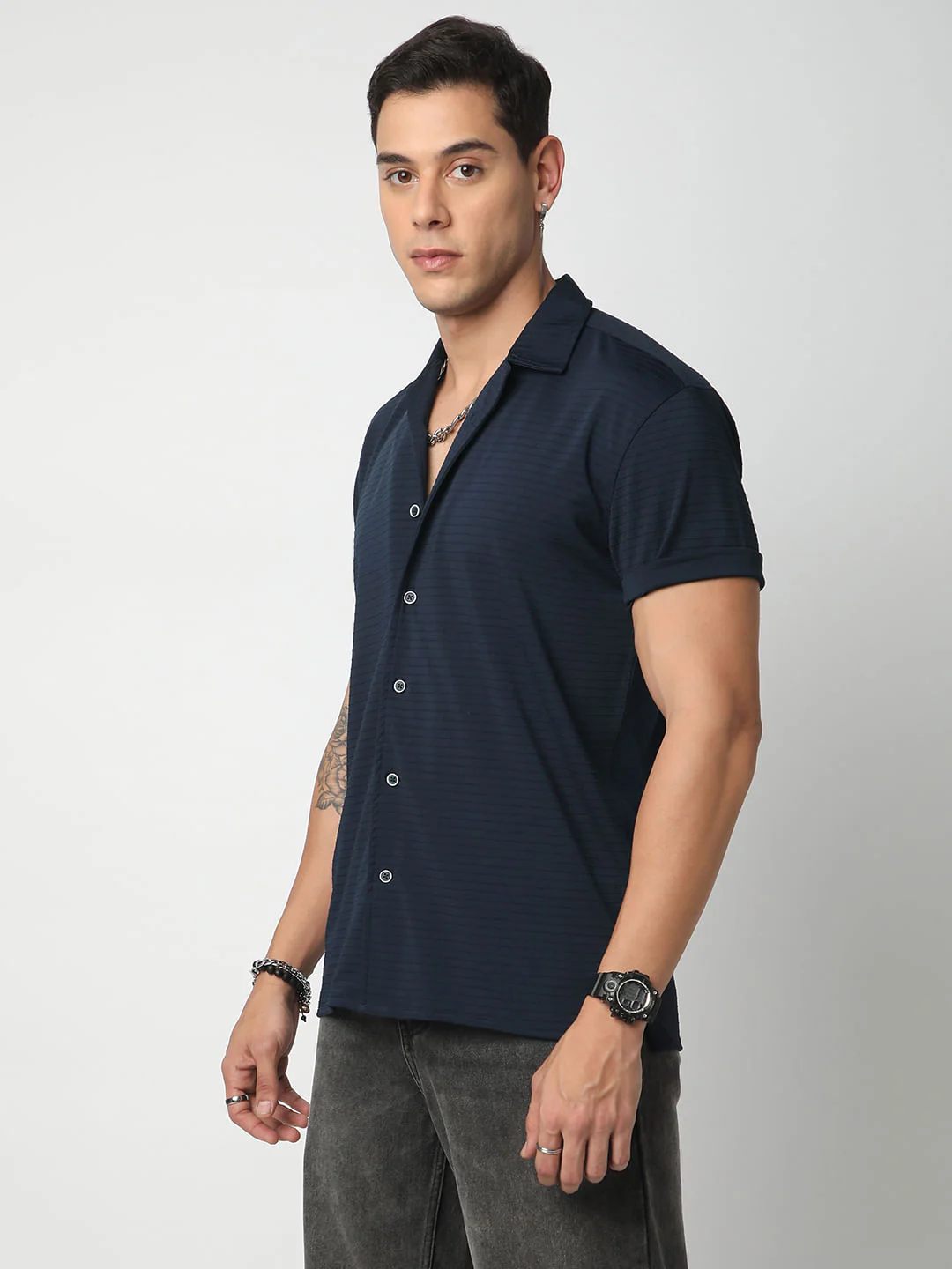 Navy Line Textured Knitted Shirt - Image 5
