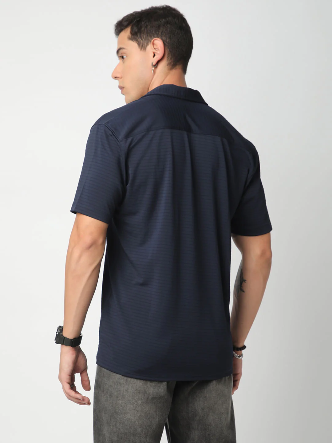 Navy Line Textured Knitted Shirt - Image 6