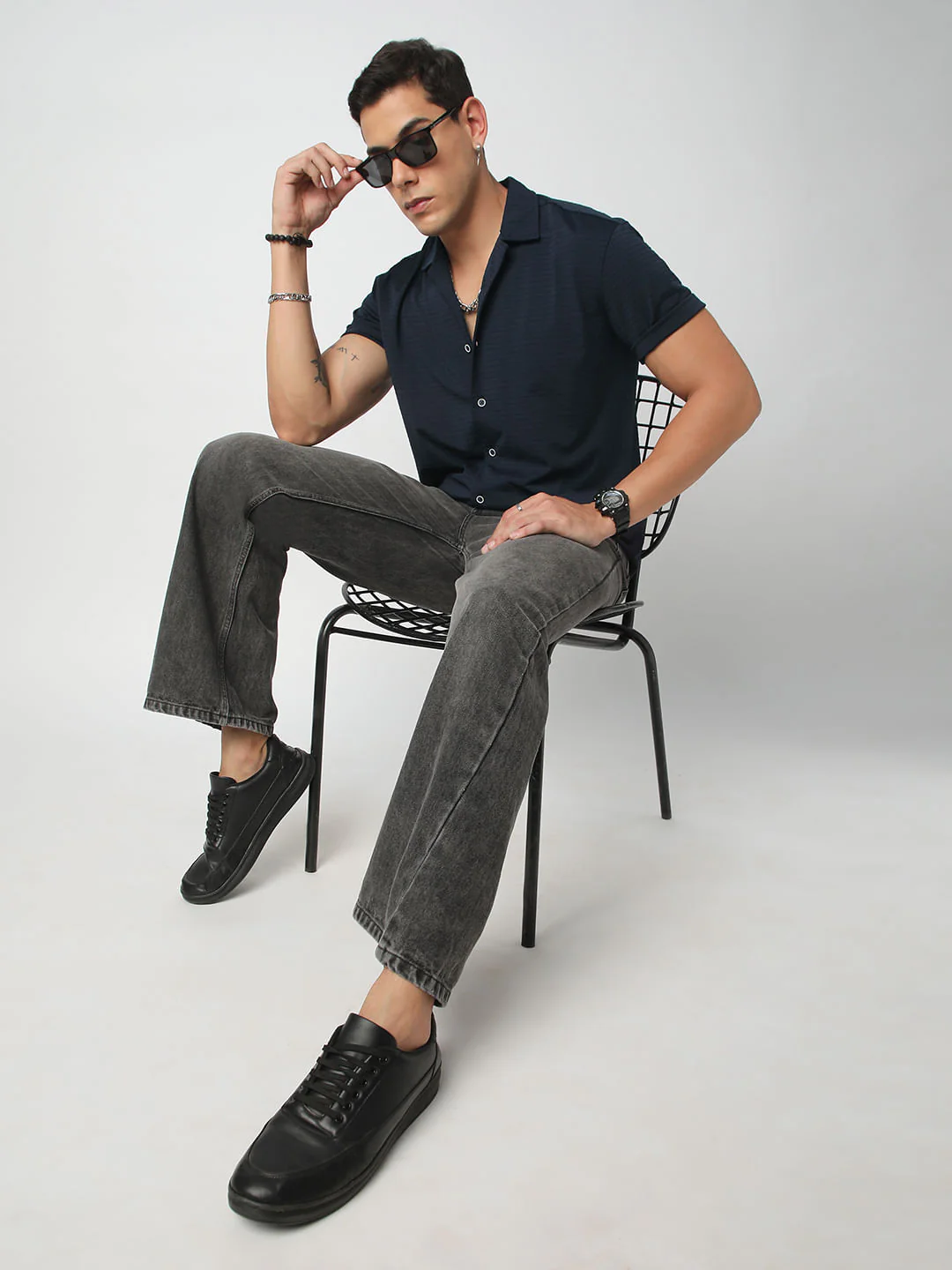 Navy Line Textured Knitted Shirt - Image 7