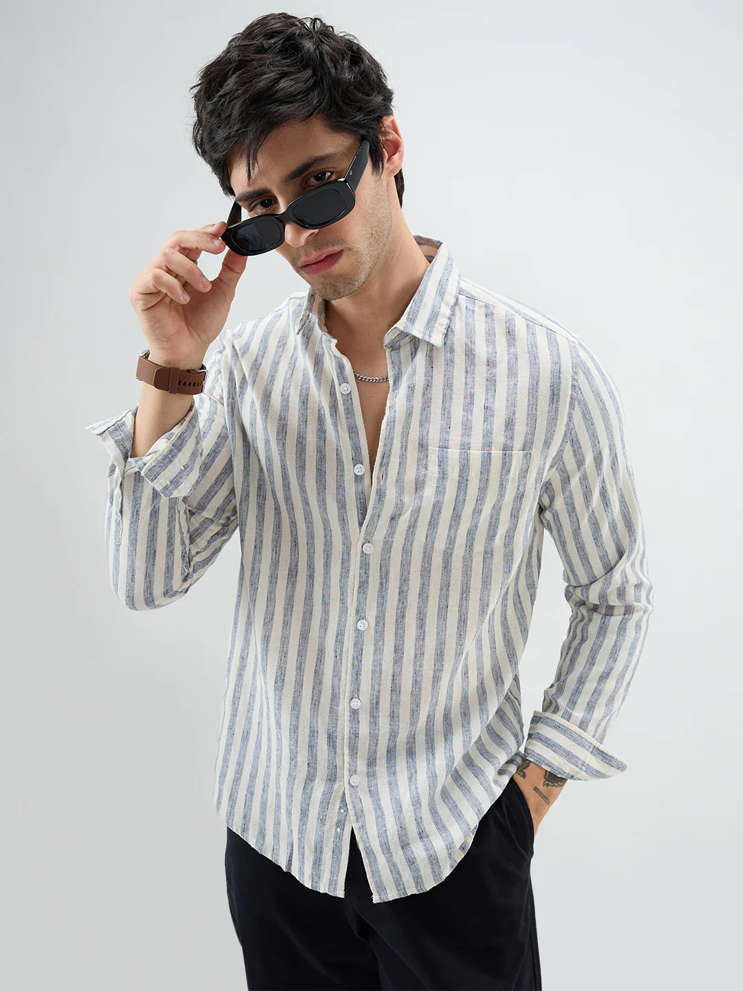 Navy & Off-White Candy Striped Shirt