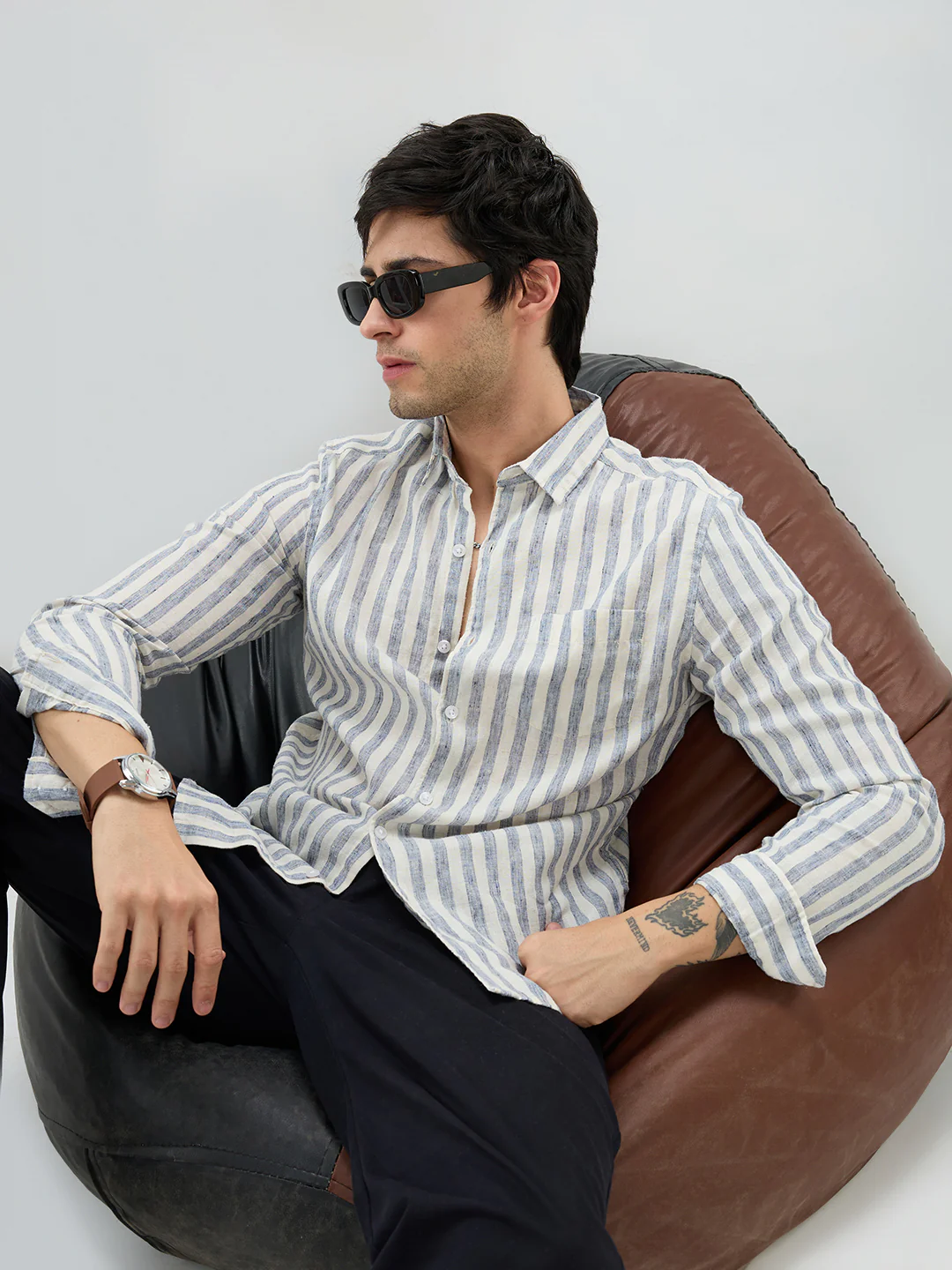 Navy & Off-White Candy Striped Shirt - Image 4