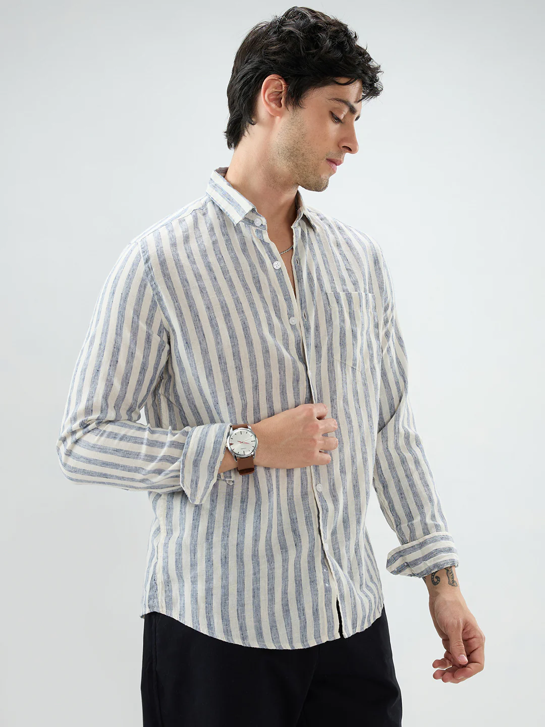 Navy & Off-White Candy Striped Shirt - Image 6