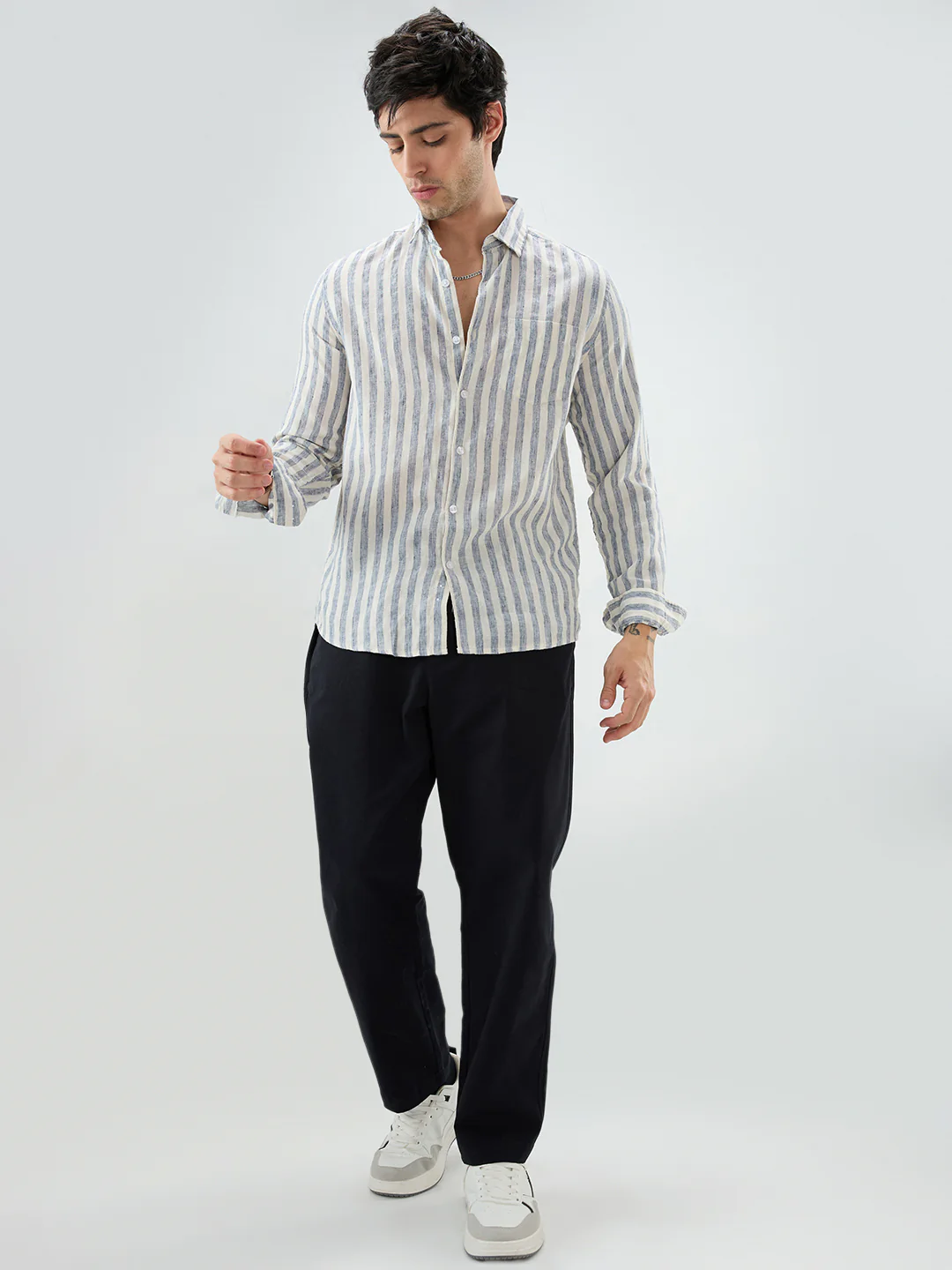 Navy & Off-White Candy Striped Shirt - Image 8