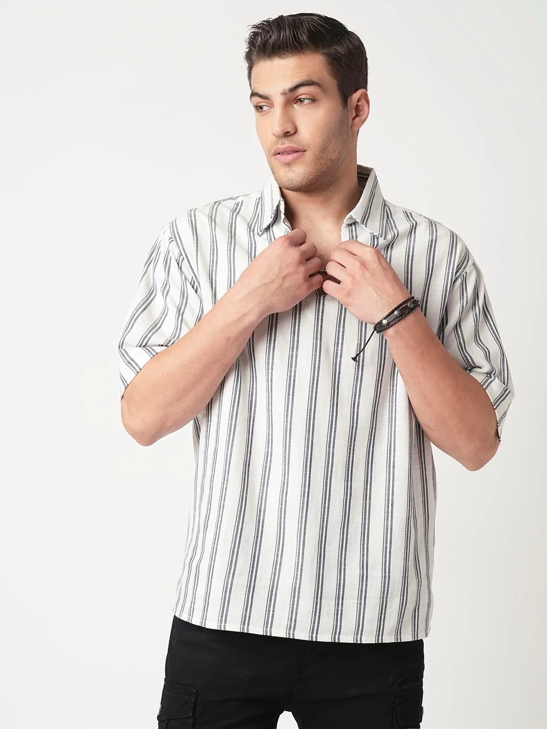 Navy & Off-White Striped Oversized Polo Shirt - Image 4