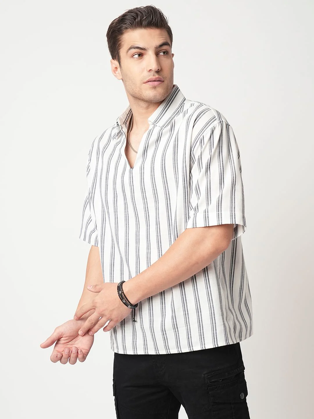 Navy & Off-White Striped Oversized Polo Shirt - Image 5