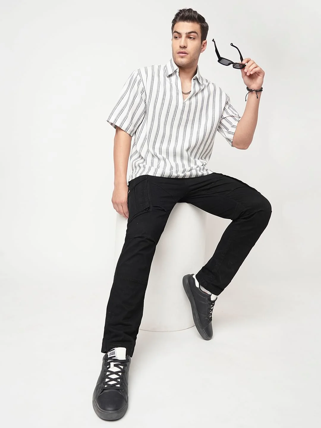 Navy & Off-White Striped Oversized Polo Shirt - Image 7