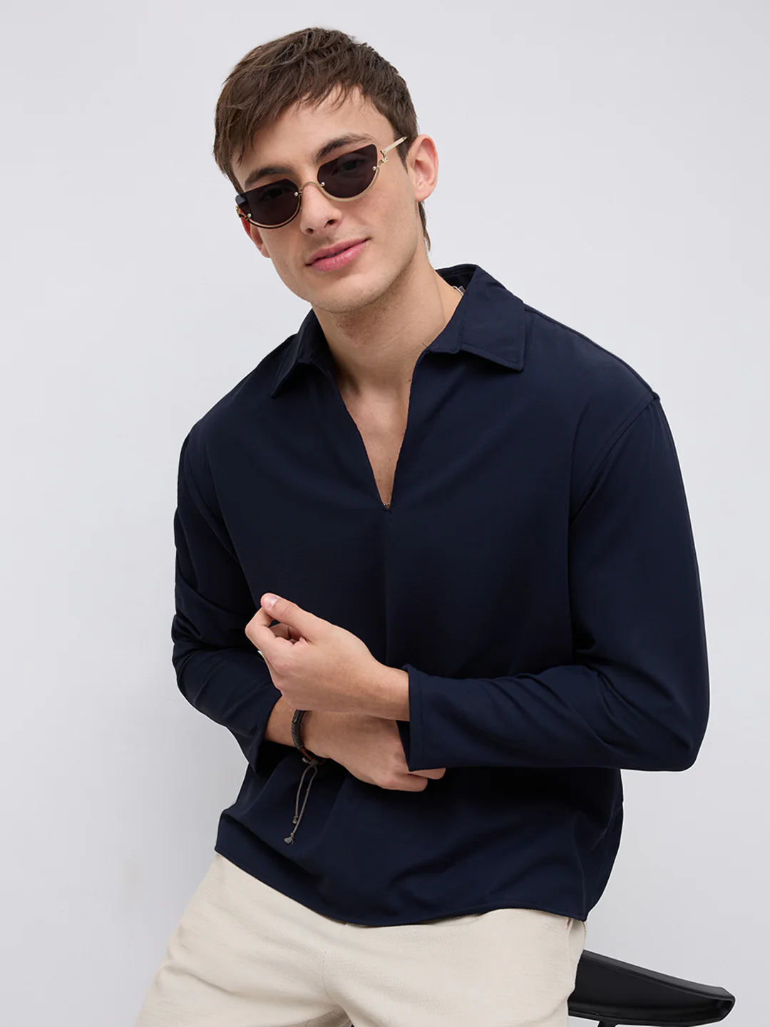 Navy Oversized Polo Tencel Knit Shirt - Image 2
