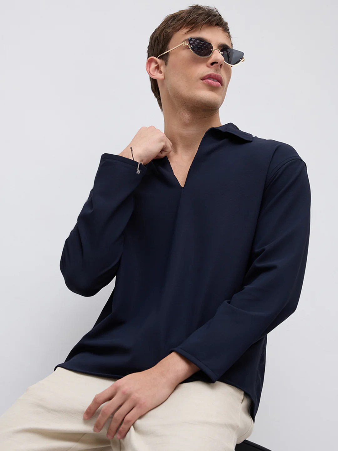Navy Oversized Polo Tencel Knit Shirt - Image 4