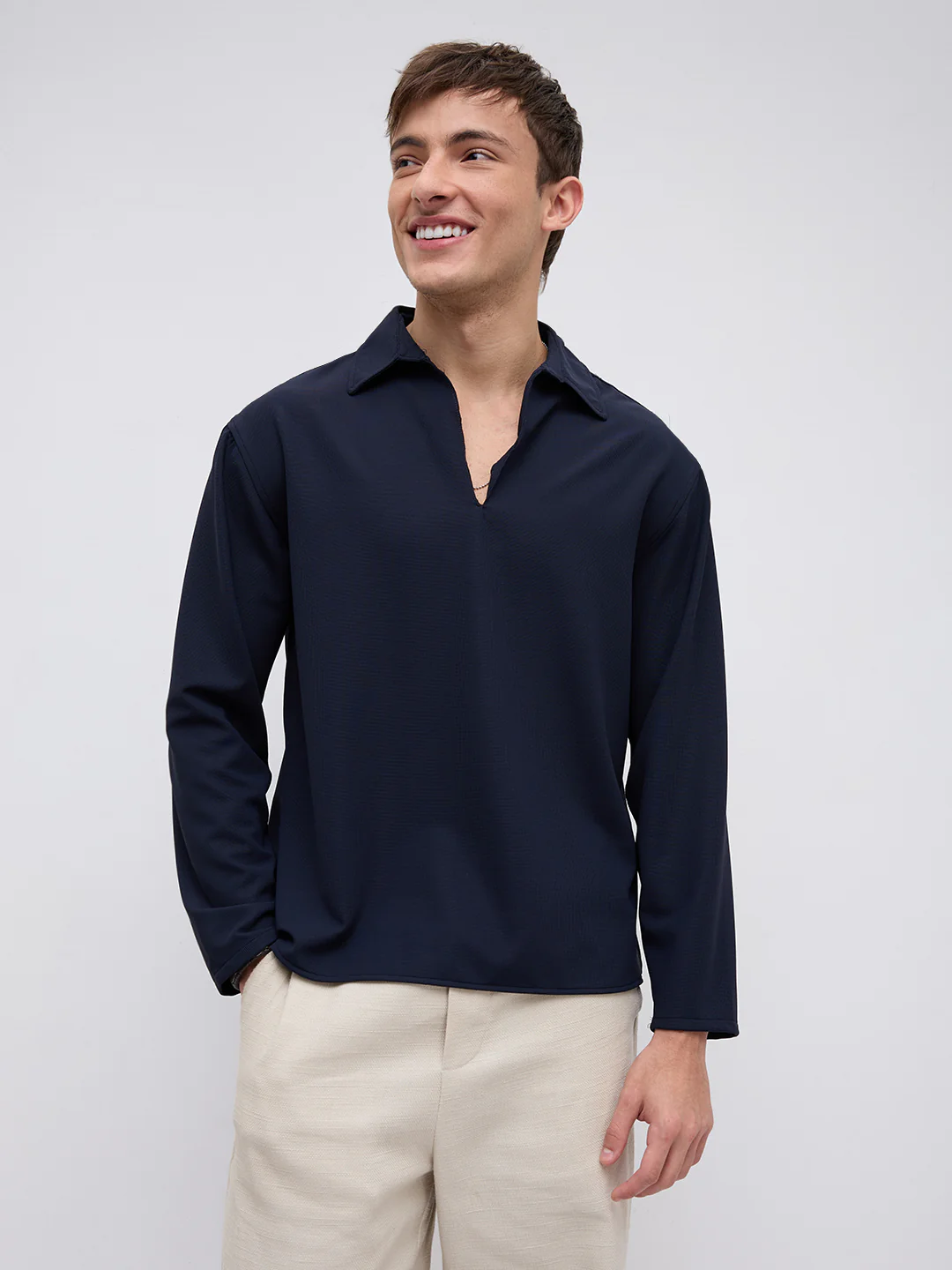 Navy Oversized Polo Tencel Knit Shirt - Image 6