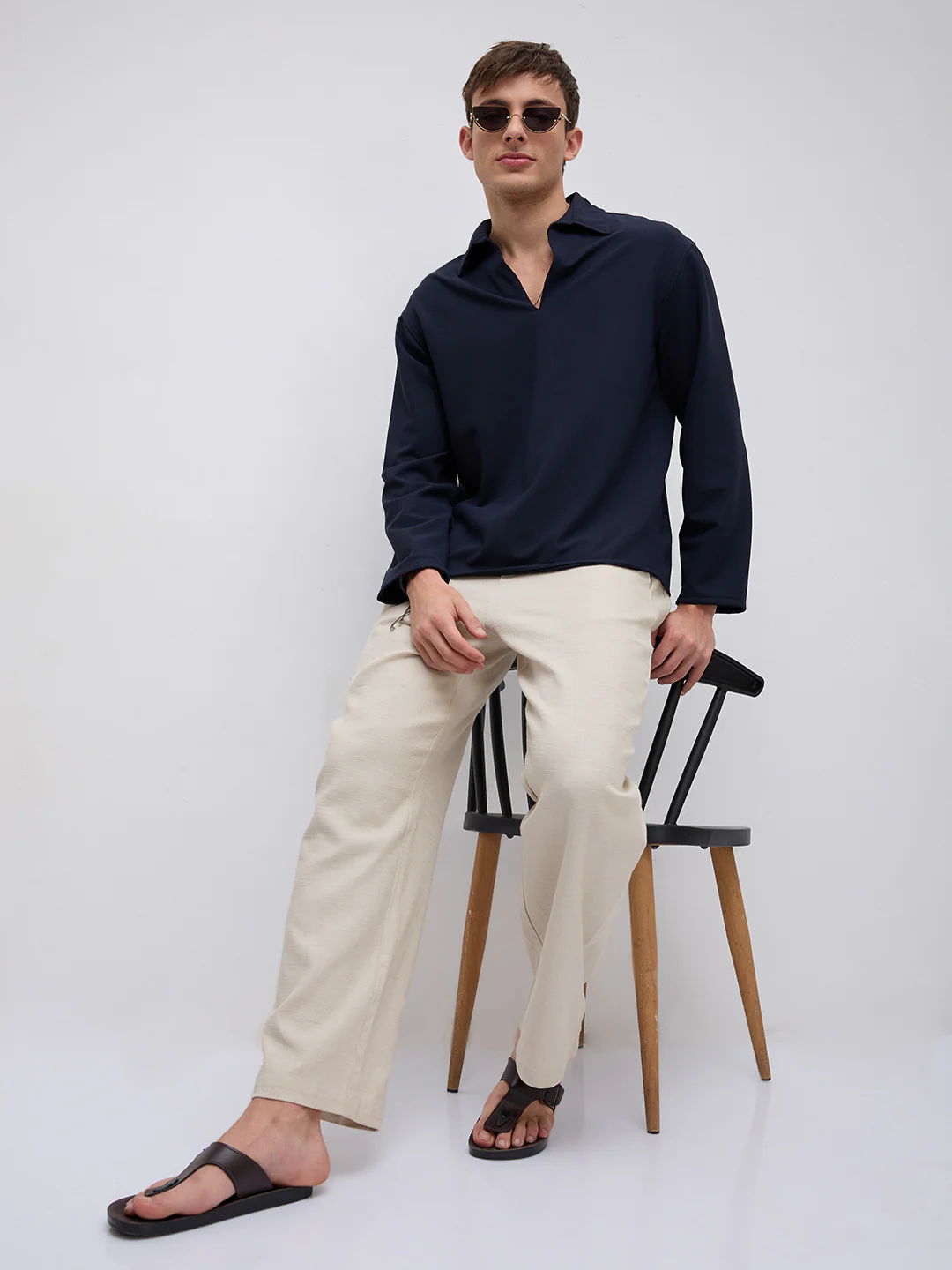 Navy Oversized Polo Tencel Knit Shirt - Image 8