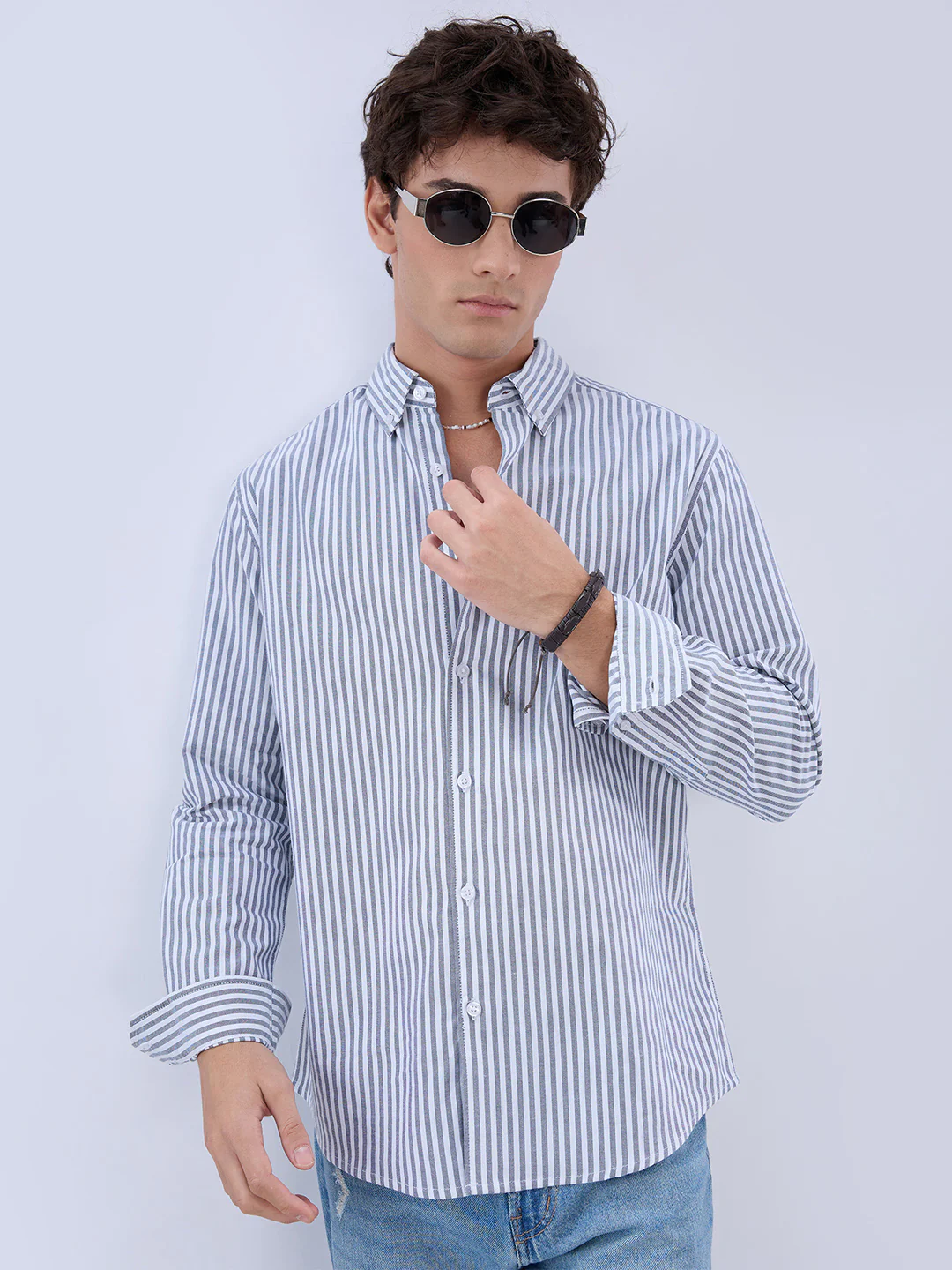 Navy Oxford Vertical Striped Button Down Collar Shirt - Image 2