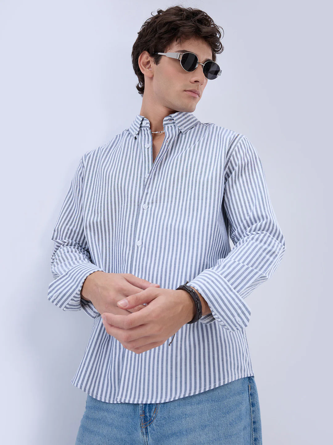 Navy Oxford Vertical Striped Button Down Collar Shirt - Image 4