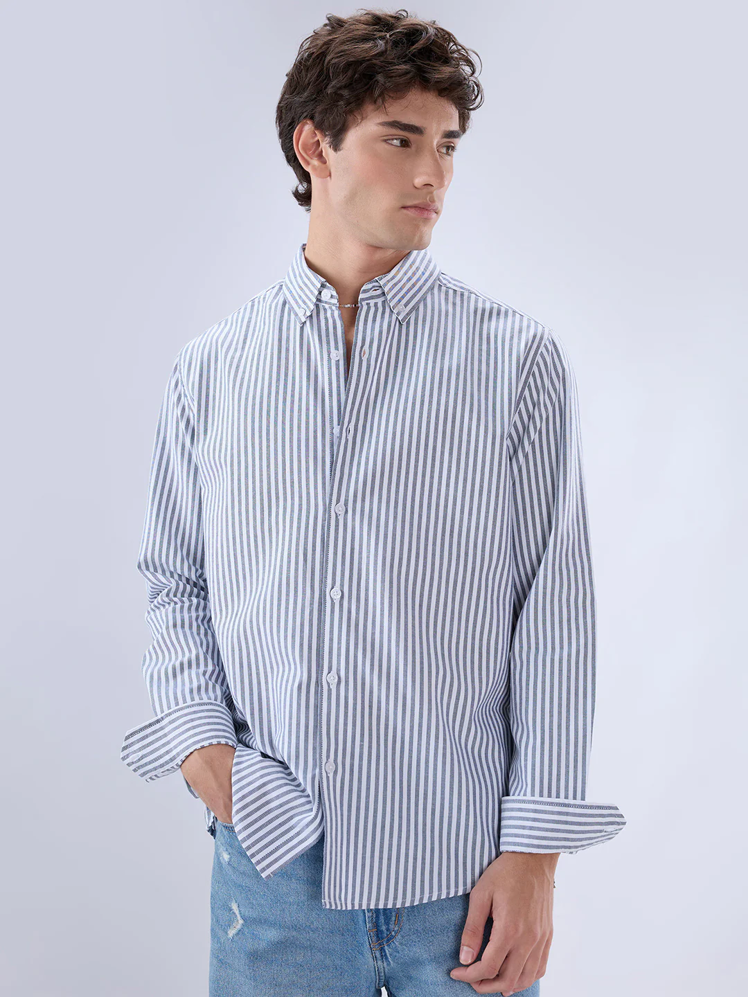 Navy Oxford Vertical Striped Button Down Collar Shirt - Image 5