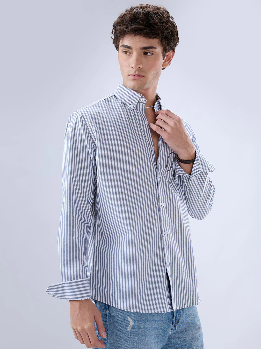 Navy Oxford Vertical Striped Button Down Collar Shirt - Image 6