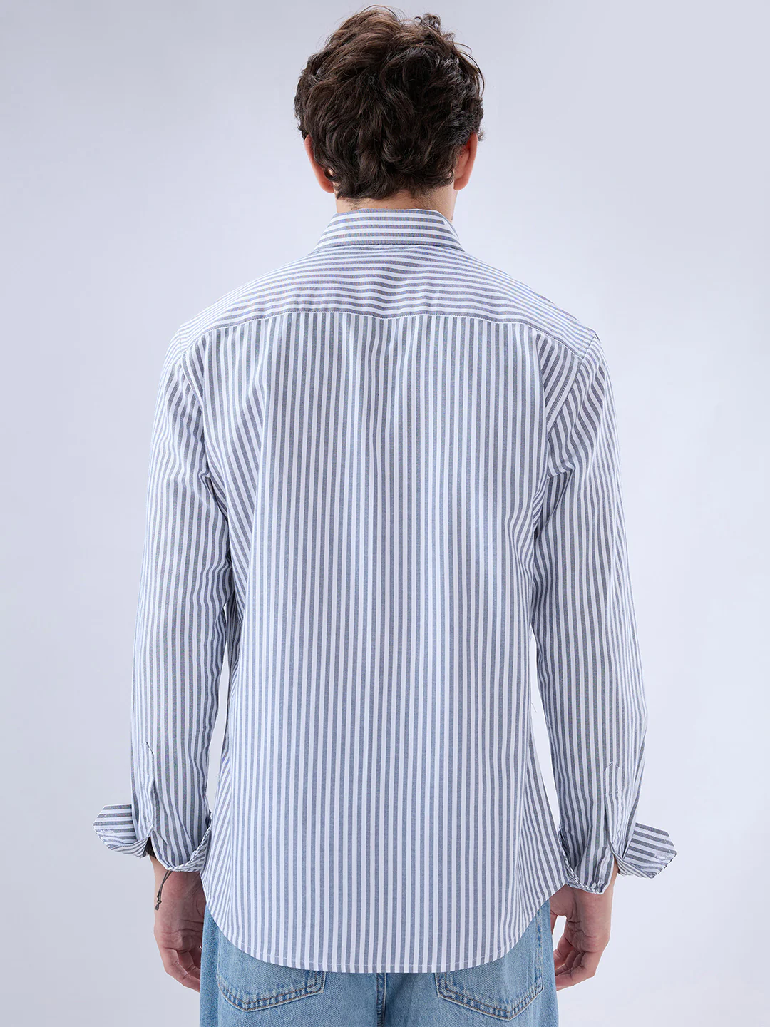 Navy Oxford Vertical Striped Button Down Collar Shirt - Image 7